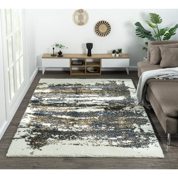 Allstar Rugs 5' 0" x 6' 11" Ivory Modern Abstract Themed Polyester Area Rug with a Slate Blue Weathered Texture Design and Bronze Accents. Machine-Made in Turkey.