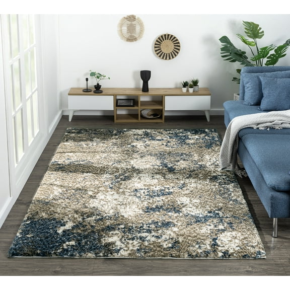 Allstar Rugs 5' 0" x 6' 11" Ivory Modern Abstract Themed Polyester Area Rug with a Taupe Weathered Texture Design and Slate Blue Accents. Machine-Made in Turkey.