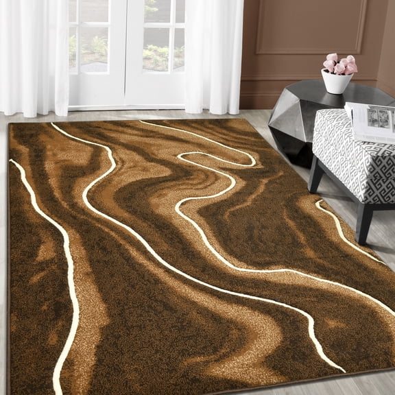 Allstar Rugs 5' 0" x 6' 11" Mocha Modern Abstract Themed Polypropylene Area Rug with a Choclate Viscous Fluid Design and White Accents. Machine-Made in Turkey.