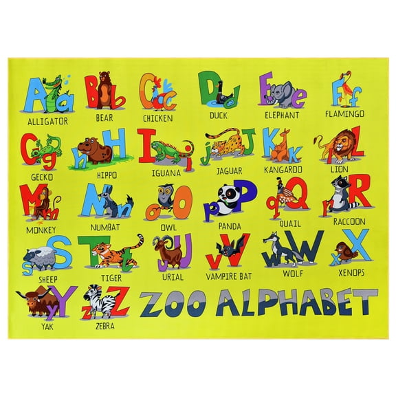 Allstar Rugs 5' 0" x 6' 11" Yellow Kids Educational Themed Polyester Area Rug with a Multicolor Alphabet Zoo Design Machine-Made in China.