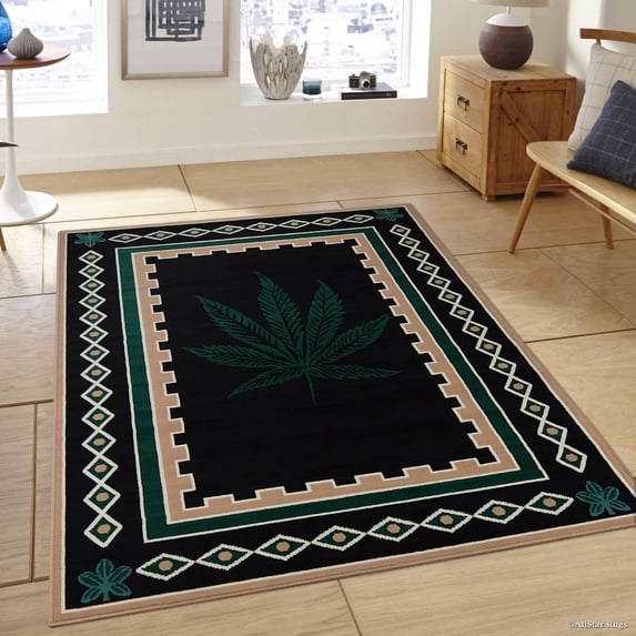 Allstar Black/ Green Woven Marijuana Leaf Printed Rug (5' 2" X 7' 1") - 5'2 x 7'1