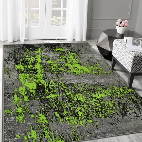 Allstar Rugs 7' 10" x 10' 0" Grey Modern Abstract Themed Polypropylene Area Rug with a Black Weathered Texture Design and Neon Green Accents. Machine-Made in Turkey.