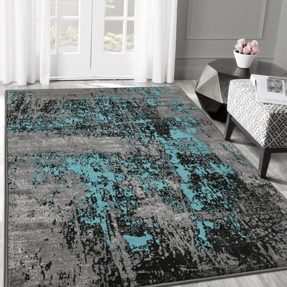 Allstar Rugs 7' 10" x 10' 0" Grey Modern Abstract Themed Polypropylene Area Rug with a Black Weathered Texture Design and Olympic Blue Accents. Machine-Made in Turkey.