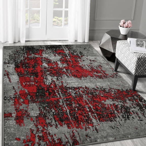 Allstar Rugs 7' 10" x 10' 0" Grey Modern Abstract Themed Polypropylene Area Rug with a Black Weathered Texture Design and Scarlet Red Accents. Machine-Made in Turkey.