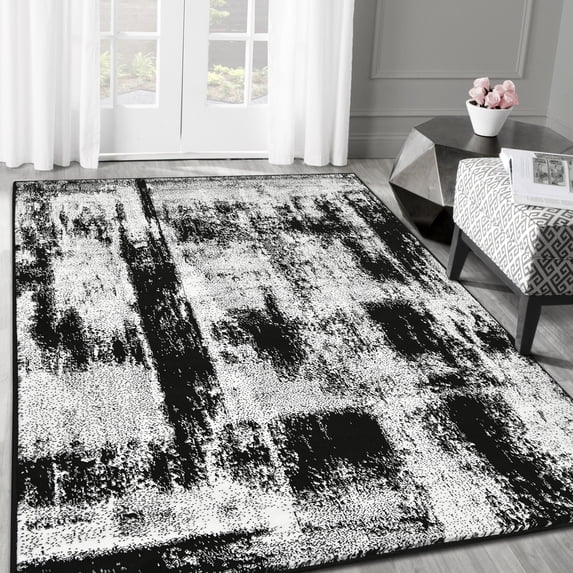 Allstar Rugs 7' 10" x 10' 0" White Modern Abstract Themed Polypropylene Area Rug with a Black Weathered Texture Design and Grey Accents. Machine-Made in Turkey.