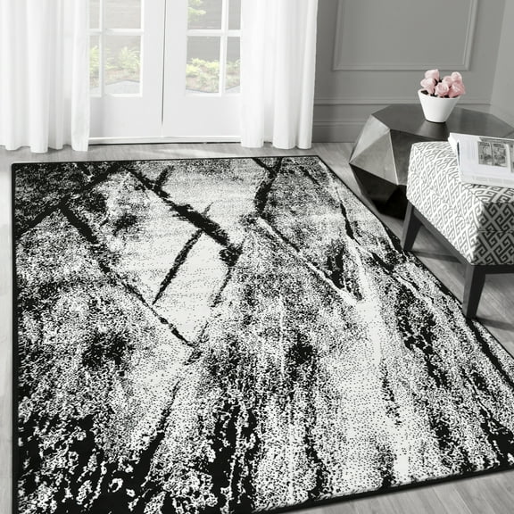 Allstar Rugs 7' 10" x 10' 0" White Modern Abstract Themed Polypropylene Area Rug with a Black Weathered Texture Design and Grey Accents. Machine-Made in Turkey.