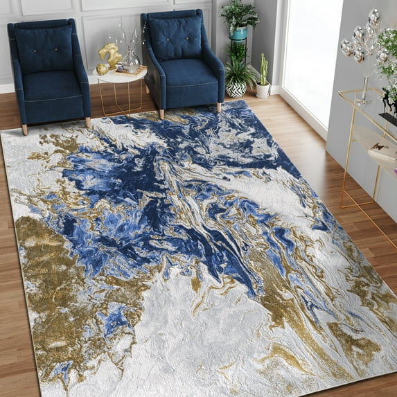 Allstar Rugs 7' 9" x 10' 0" Gainsboro Grey Modern Abstract Themed Polyester Area Rug with a Blue Viscose Fluid Design and Gold Accents. Machine-Made in Turkey.