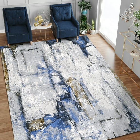 Allstar Rugs 7' 9" x 10' 0" Gainsboro Grey Modern Abstract Themed Polyester Area Rug with a Blue Weathered Wall Texture Design and Gold Accents. Machine-Made in Turkey.