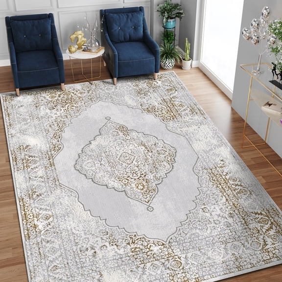 Allstar Rugs 7' 9" x 10' 0" Gainsboro Grey Traditional Persian Themed Polyester Area Rug with a Gold Bijar Design and Ivory Accents. Machine-Made in Turkey.