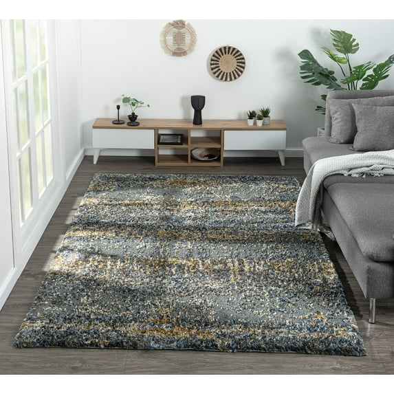 Allstar Rugs 7' 9" x 10' 0" Ivory Modern Abstract Themed Polyester Area Rug with a Slate Blue Weathered Texture Design and Bronze Accents. Machine-Made in Turkey.