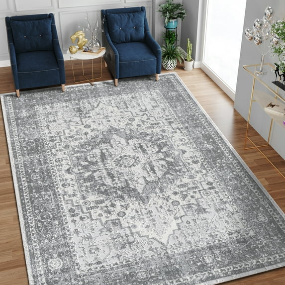 Allstar Rugs 9' 6" x 12' 6" Gainsboro Grey Traditional Persian Themed Polyester Area Rug with a Grey Heriz Design and Ivory Accents. Machine-Made in Turkey.