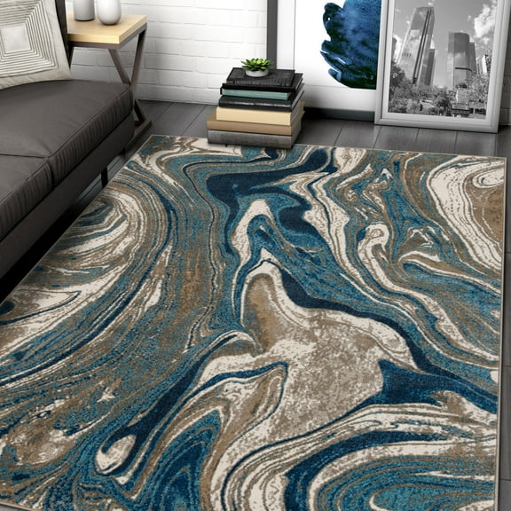 Allstar Rugs  Abstract Themed Polypropylene Area Rug 5' 0" x 6' 11" - Ocean Blue