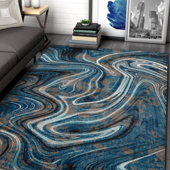 Allstar Rugs Abstract Themed Polypropylene Area Rug 5' 0" x 6' 11" - Storm Blue