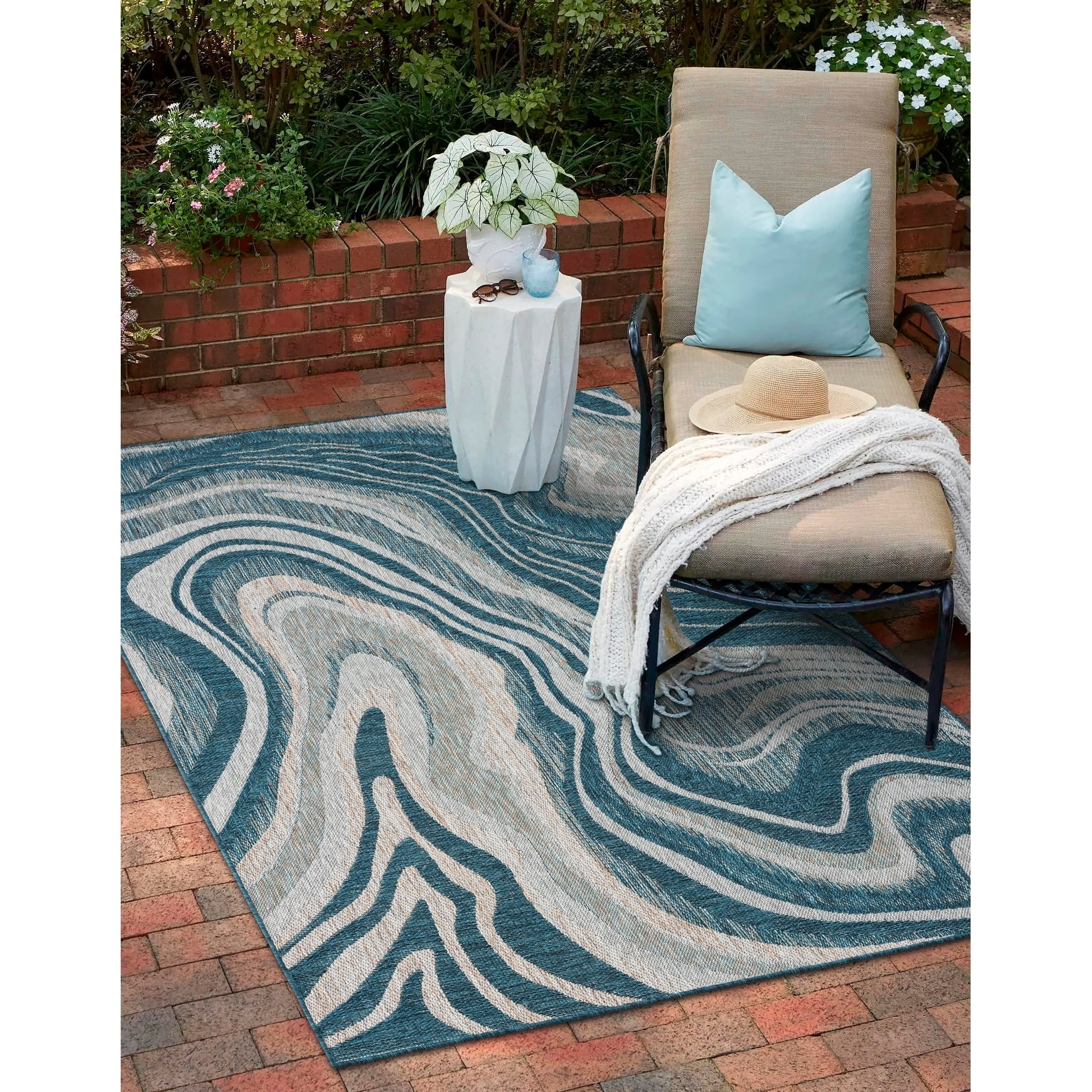 Aqua and Beige Abstract Polypropylene Outdoor Runner Rug 2' x 7'