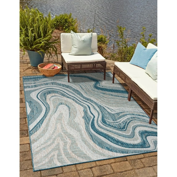 Allstar Rugs Abstract Themed Polypropylene Outdoor Rug 5' 0" x 6' 11" - Ocean Blue