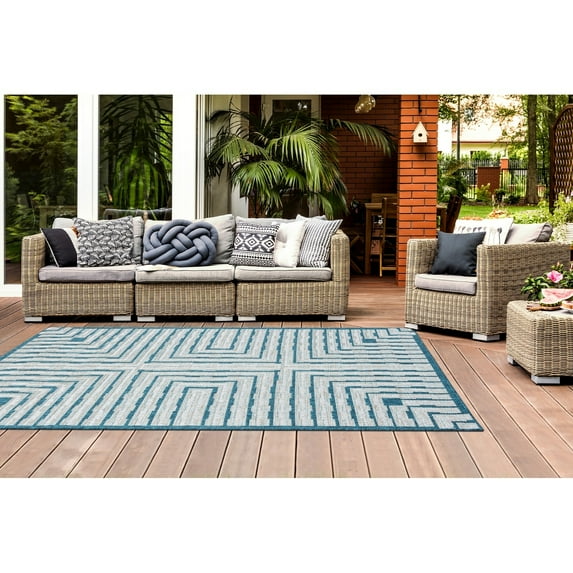 Allstar Rugs Abstract Themed Polypropylene Outdoor Rug 5' 0" x 6' 11" - Ocean Blue