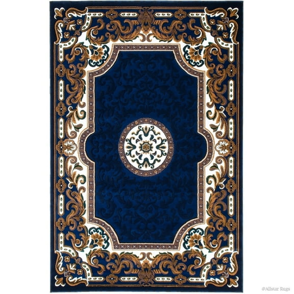 Allstar Rugs Allstar 18th Century Vintage Regal Bordered Floral Medallion Area Rug Navy 5' 2"x7' 1" 5' x 8' Gold