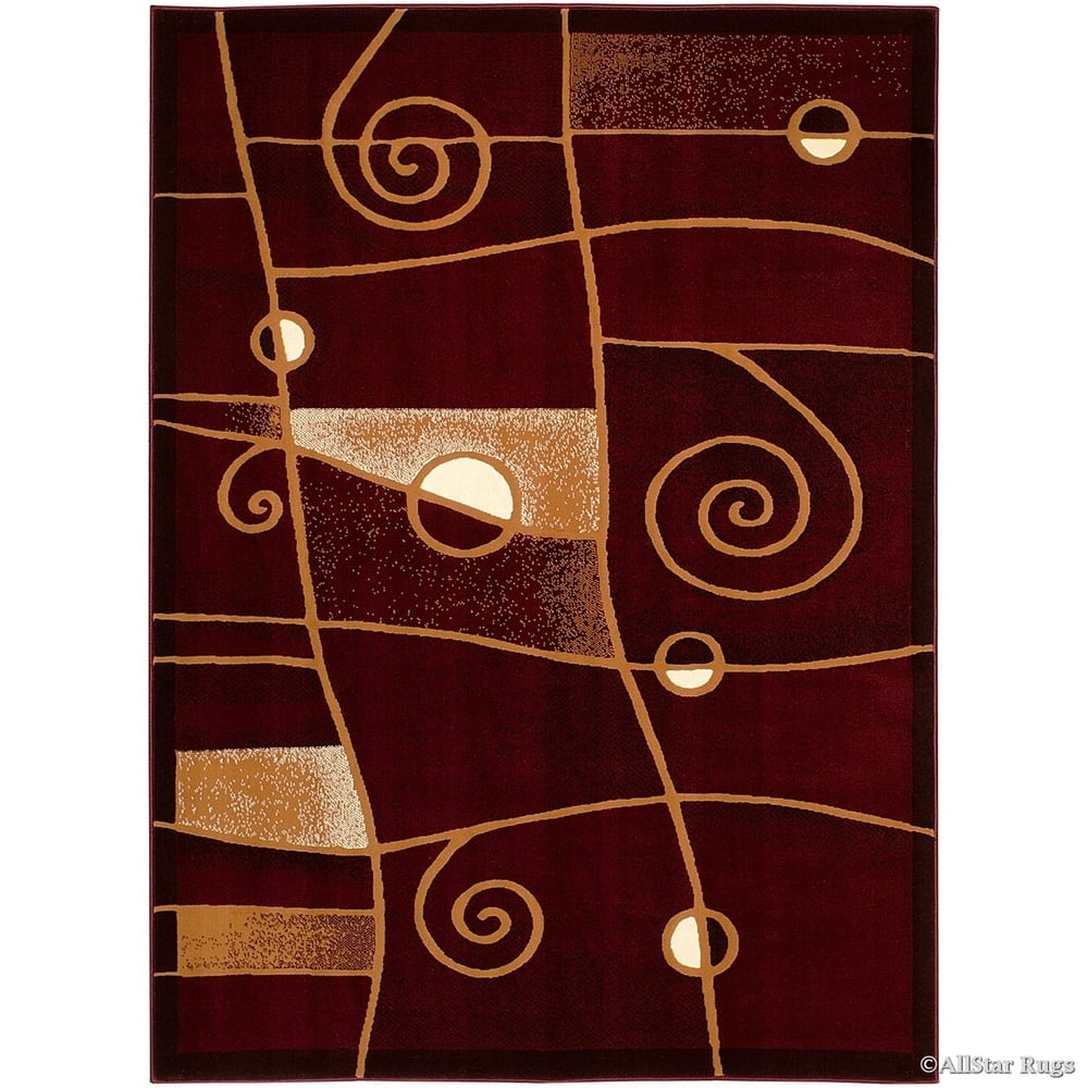 Burgundy and Beige Abstract Swirl Design Synthetic Rug 5' x 7'