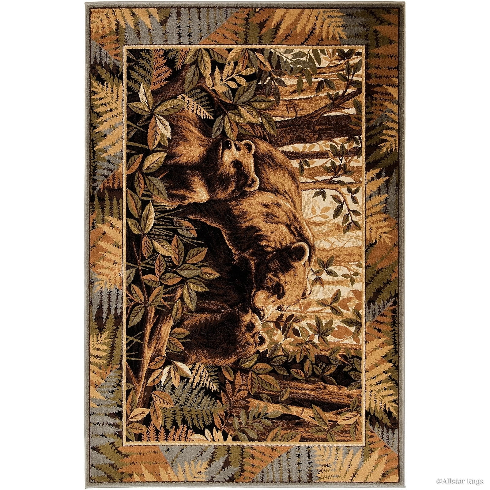 Brown and Green Bear Print Synthetic 5' x 7' Rug