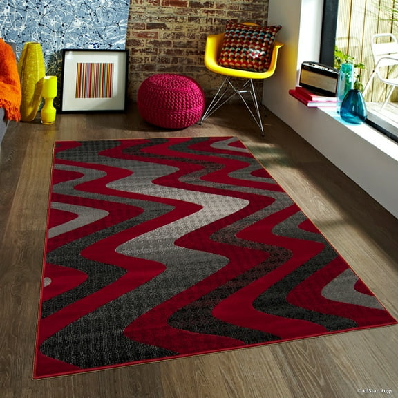 Allstar Rugs Allstar Modern Distressed Wavy Linear Design Rug Red 4' 11"x6' 11" 5' x 8'