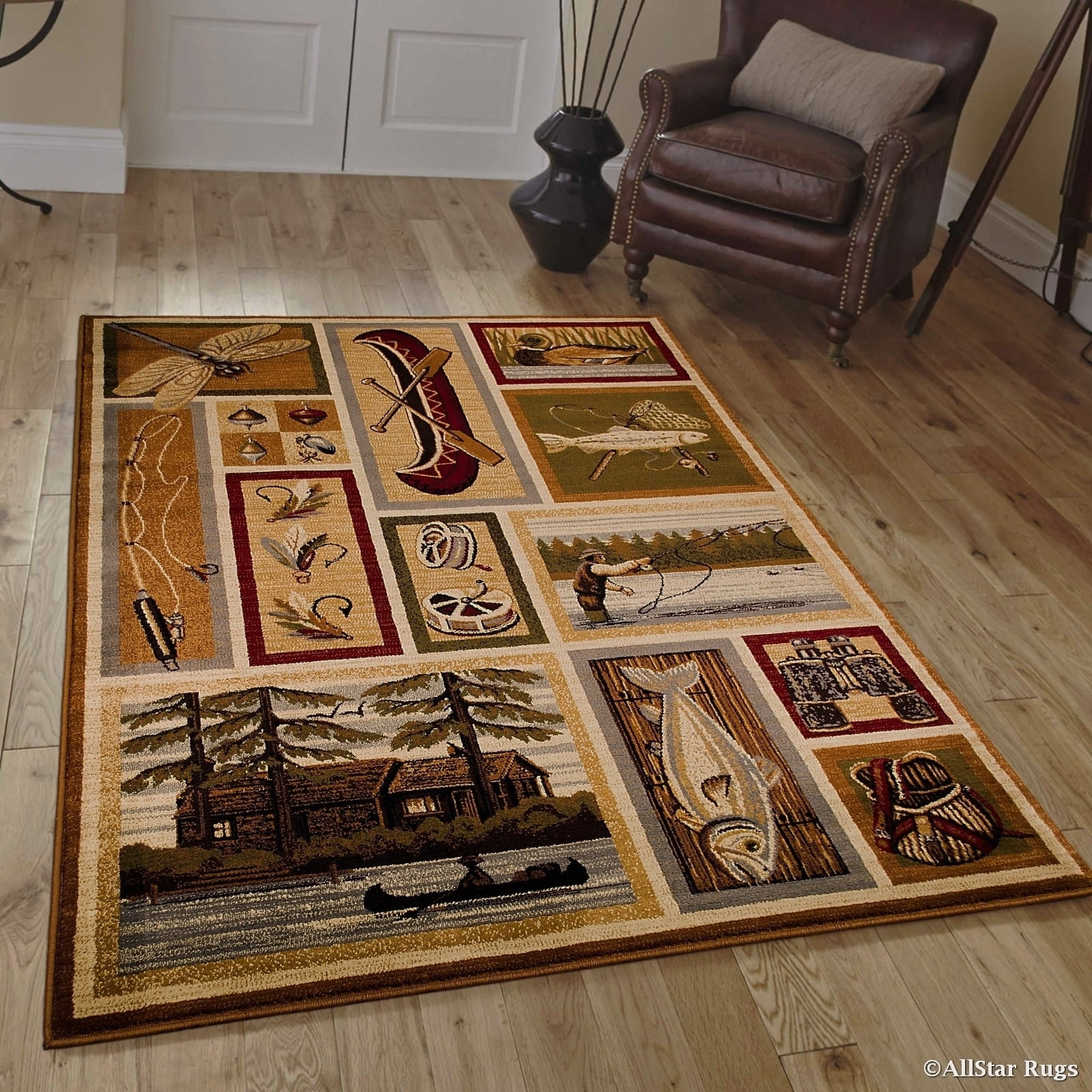 Rustic Brown and Green Lodge Themed Synthetic Rug