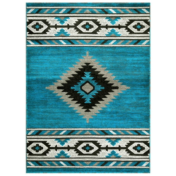 Allstar Rugs Cherokee Themed Polypropylene Area Rug 5' 0" x 6' 11" - Blue Lightning
