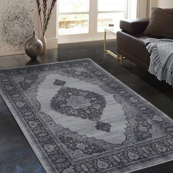 Allstar Rugs Distressed Grey and Ivory Rectangular Accent Area Rug with Midnight Blue Persian Design - 7' 6" x 9' 8"