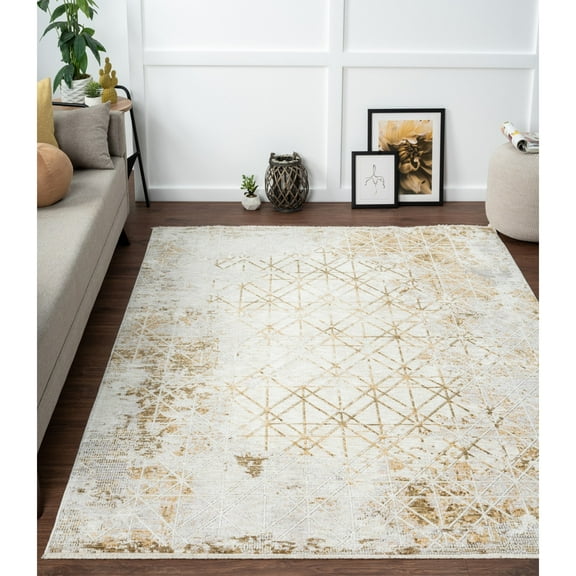 Allstar Rugs Geometric Themed Polyester Area Rug 2' 0" x 7' 7" Runner/2' 0" x 7' 7" - Gold