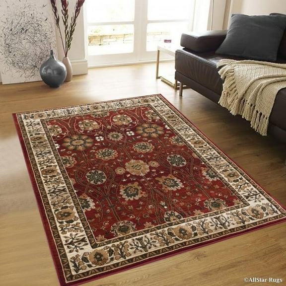 Allstar Rugs  Red and Rust Floral Traditional Anatolian Rectangular Area Rug with Beige Design - 4' 11"x7' 0"