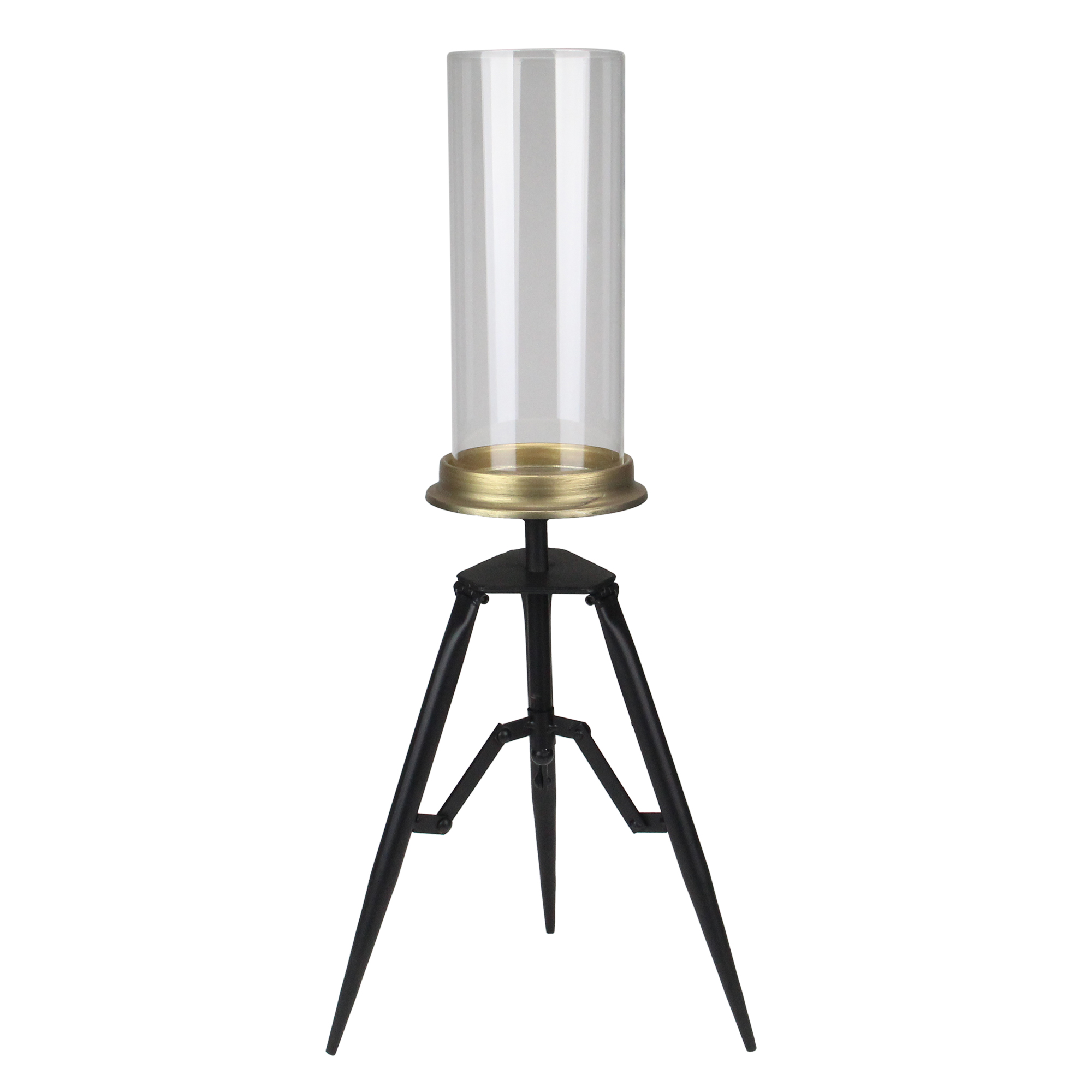 Allstate 22.5" Hurricane Glass Candle Holder With A Gold Base And Black Metal Foldable Stand
