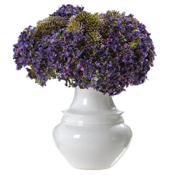 Allstate Floral & Craft WF0739-PU-LV 10 x 9 x 9 in. Queen Anne Lace & Sedum Artificial Flower Arrangement in Ceramic Vase, Purple Lavender