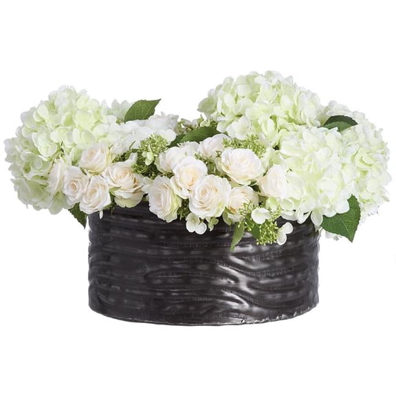 Allstate Floral & Craft WF0771-CR-WH 16 x 22 x 24 in. Hydrangea, Rose & Ranunculus in Ribbed Aluminum Planter - Cream & White