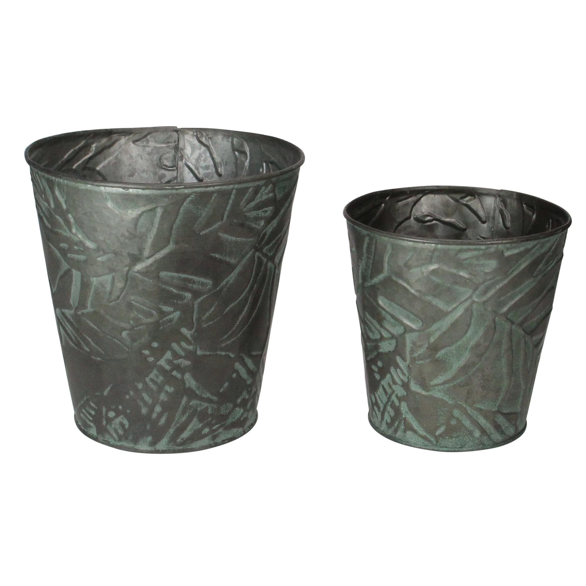 Gray and Green Patina Leaf Metal Outdoor Planter Set