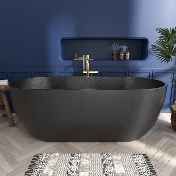 Allsumhome RockX 67" Oval Cast Rockstone Freestanding Bathtub,Stone Touch,Pure black,Scratch-proof,Large Overflow Port