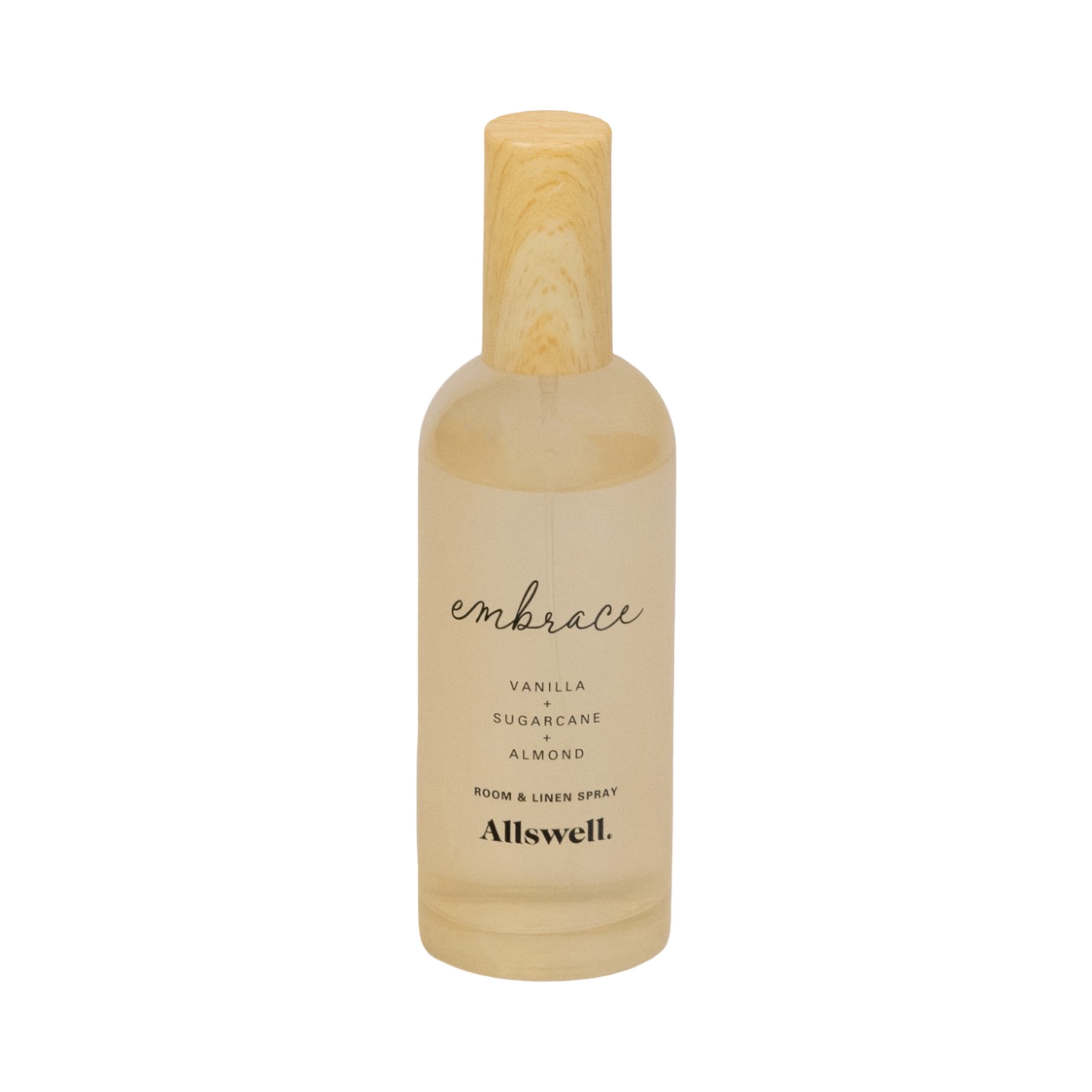 Allswell Embrace (Vanilla + Sugarcane + Almond) Scented Room & Linen Spray 3.4 fl oz (100mL).