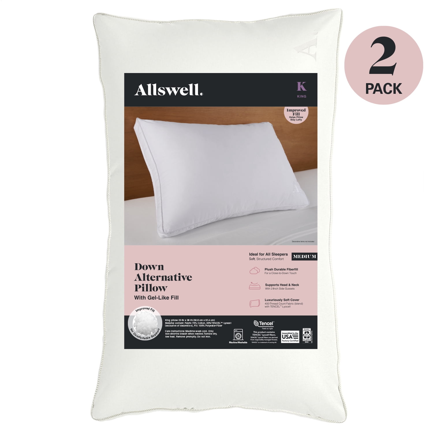 Allswell Down Alternative Bed Pillows, King, Medium Firmness, 2 Count