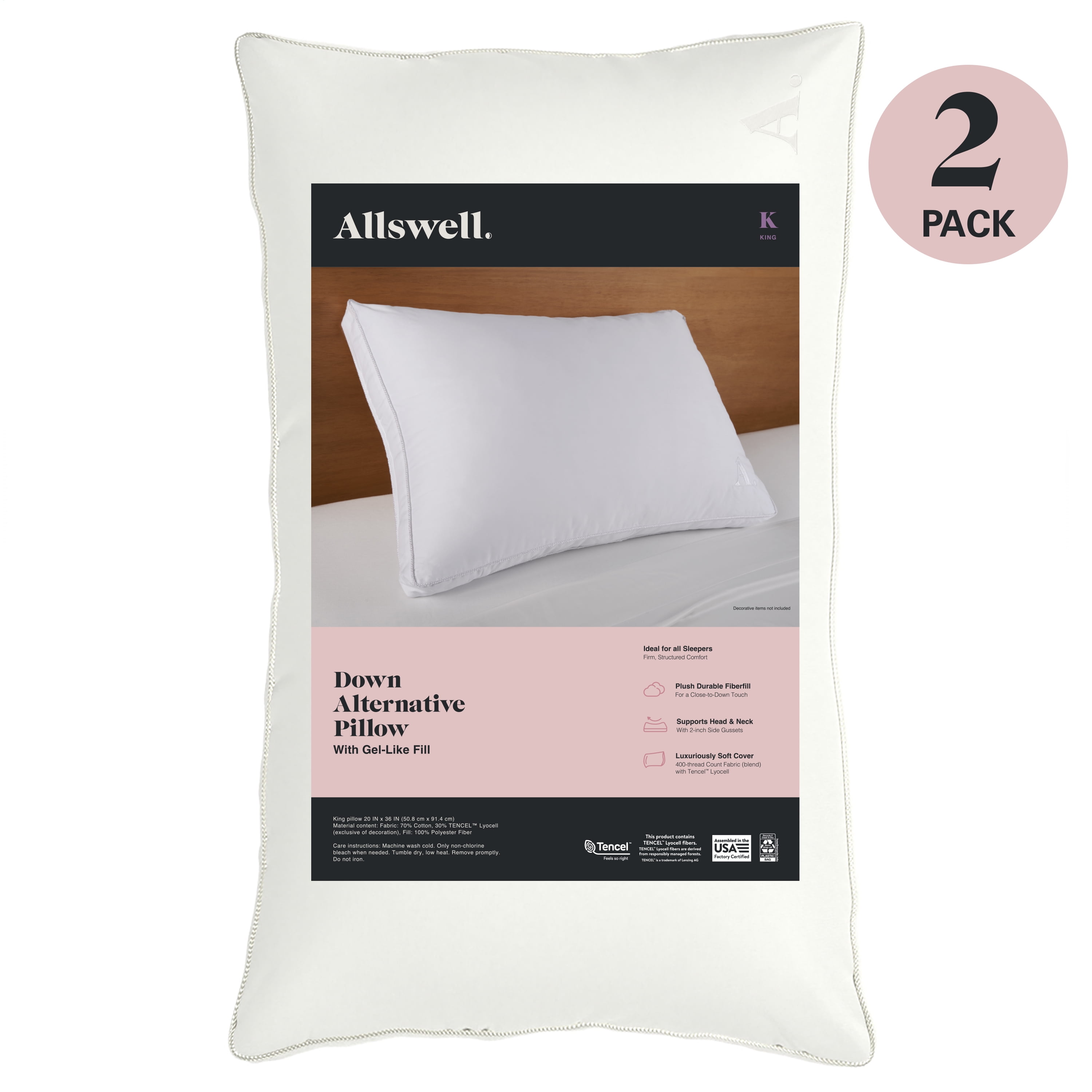 Allswell Down Alternative Bed Pillows, King - Firm, All Positions (2 Count) - Walmart.com