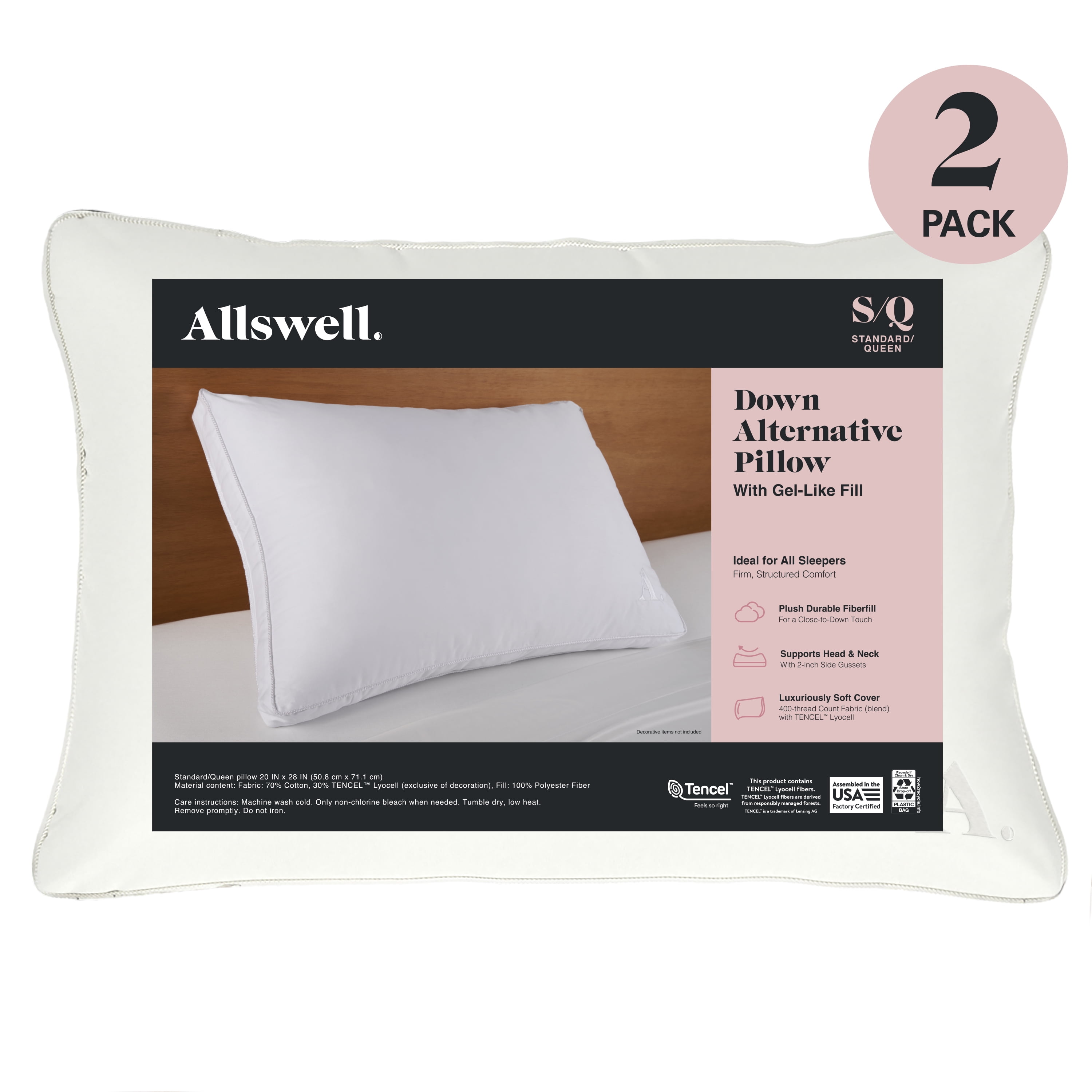 Allswell Down Alternative Bed Pillows, Standard/Queen - Firm, All Positions (2 Count) - Walmart.com