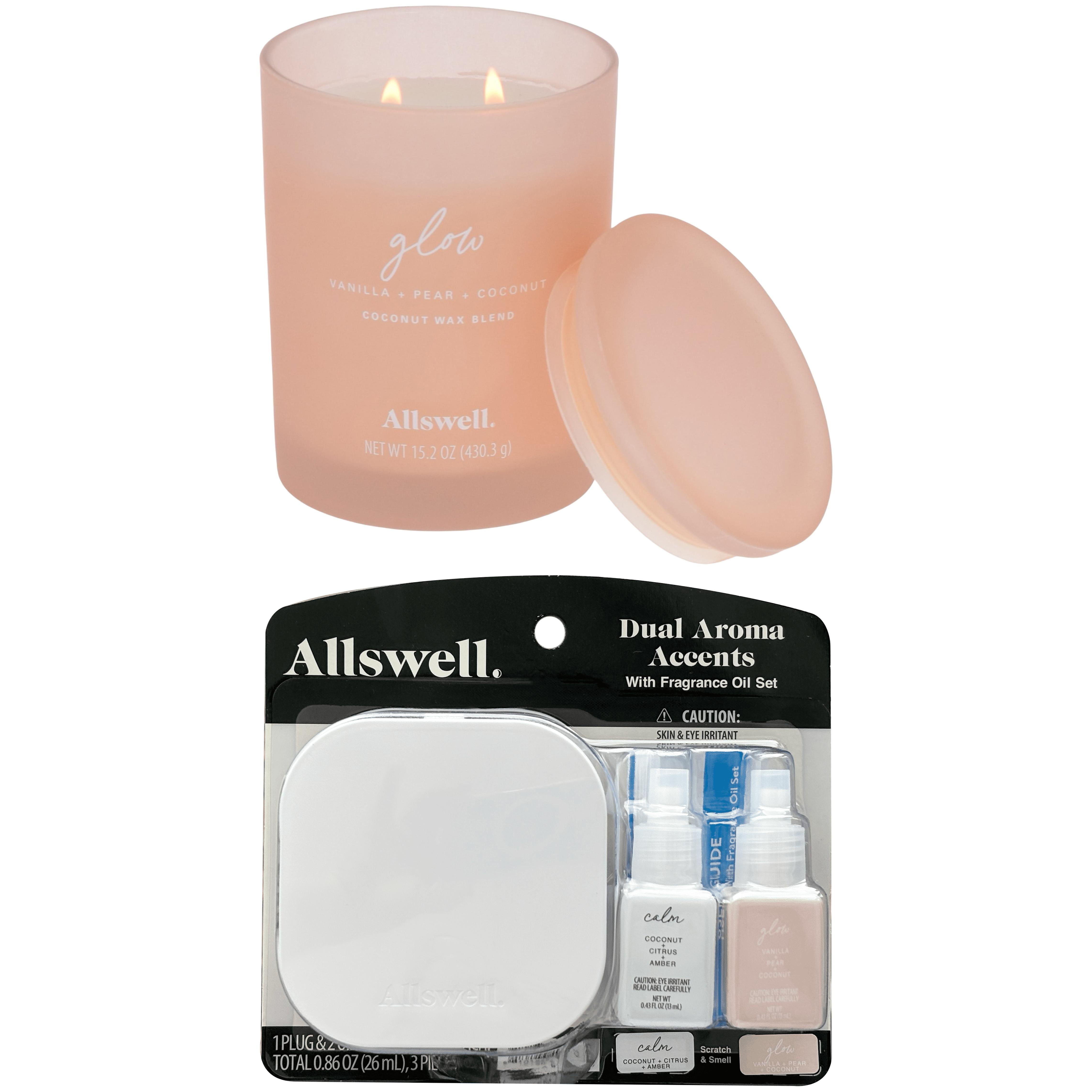 Allswell Dual Plug In Bundle with 2 Oils, Calm & Glow (Coconut + Citrus + Amber & Vanilla + Pear + Coconut) + Allswell Glow (Vanilla + Pear + Coconut) Scented 2-Wick Spa Jar Candle 15oz