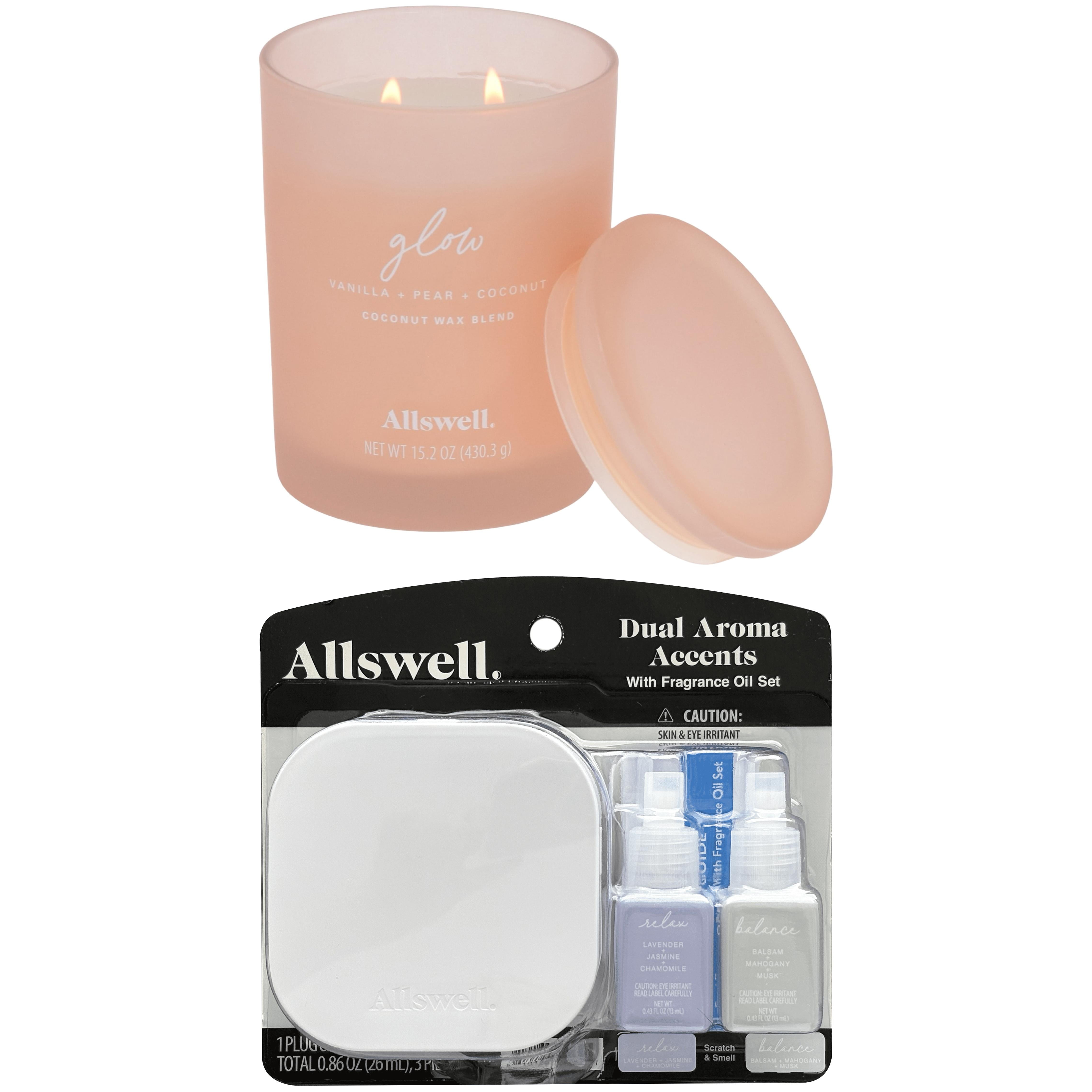 Allswell Dual Plug In Bundle with 2 Oils, Relax & Balance (Lavender + Jasmine + Chamomile & Balsam+ Mahogany+ Musk) + Allswell Glow (Vanilla + Pear + Coconut) Scented 2-Wick Spa Jar Candle 15oz