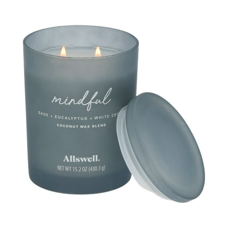 Allswell Mindful (Sage + Eucalyptus + White Cedar) Scented 2-Wick Spa Jar Candle 15oz.