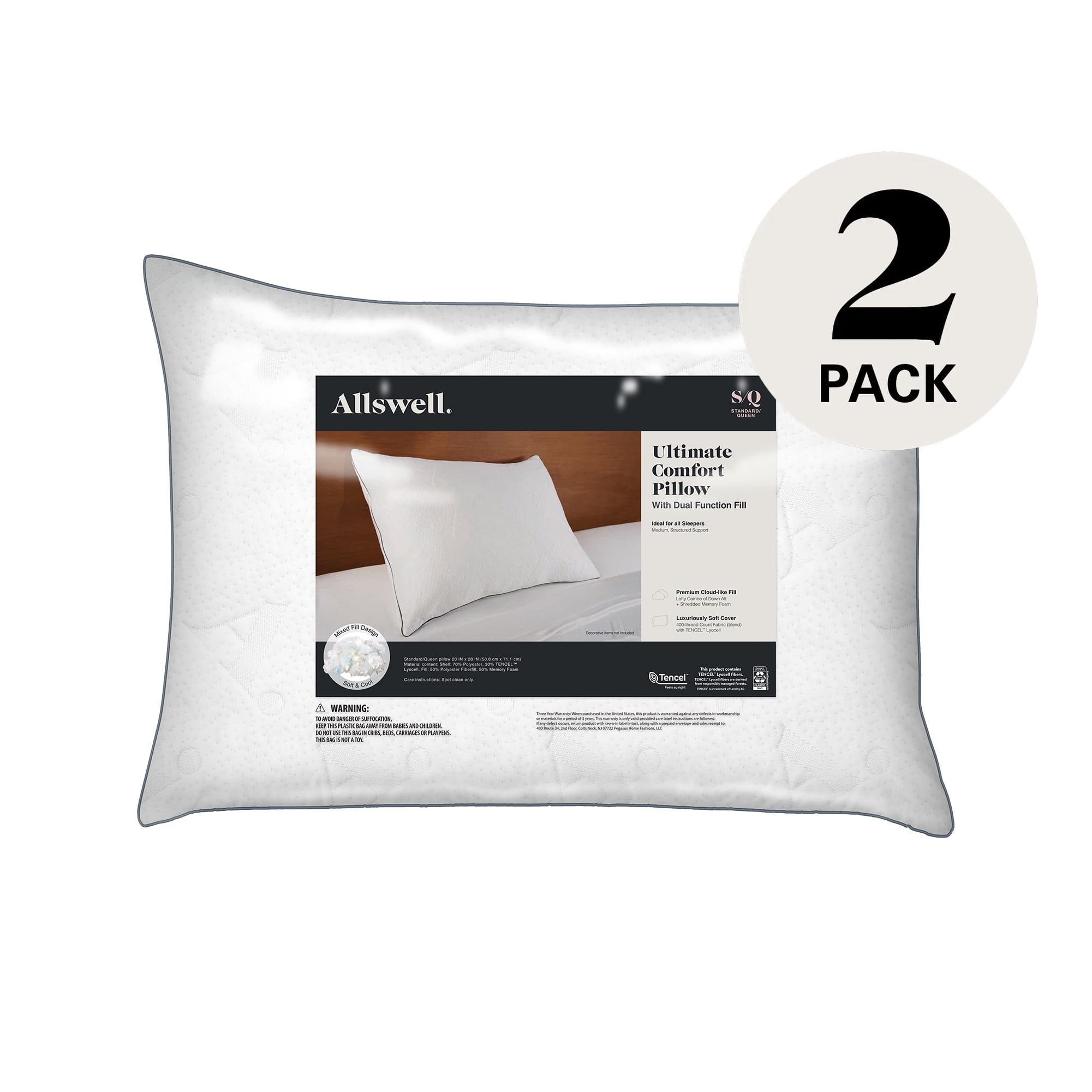 Standard/Queen White Memory Foam Hypoallergenic Bed Pillow 2-Pack
