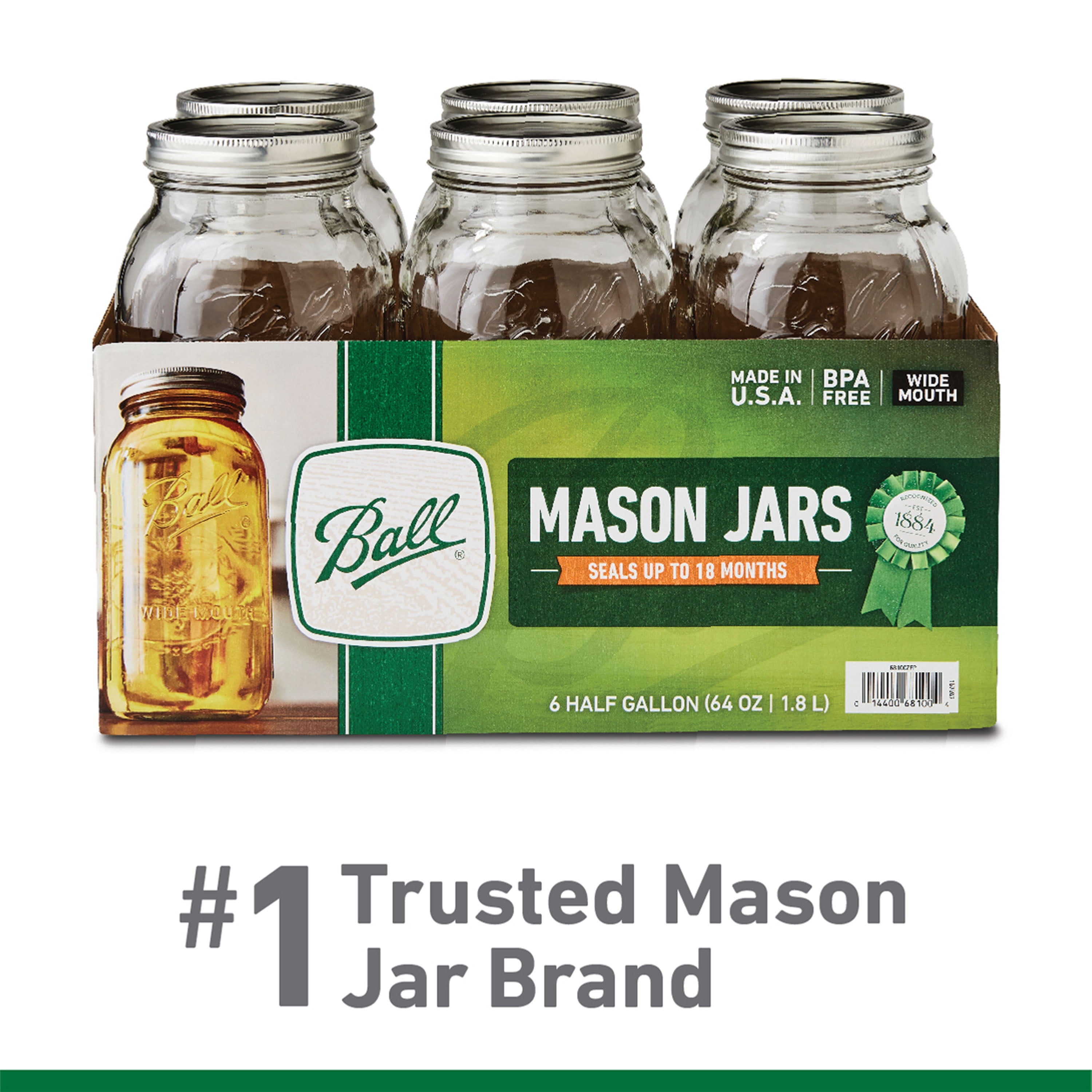 Classic Wide Mouth 64oz Glass Mason Jar Set - Clear, 6-Pack