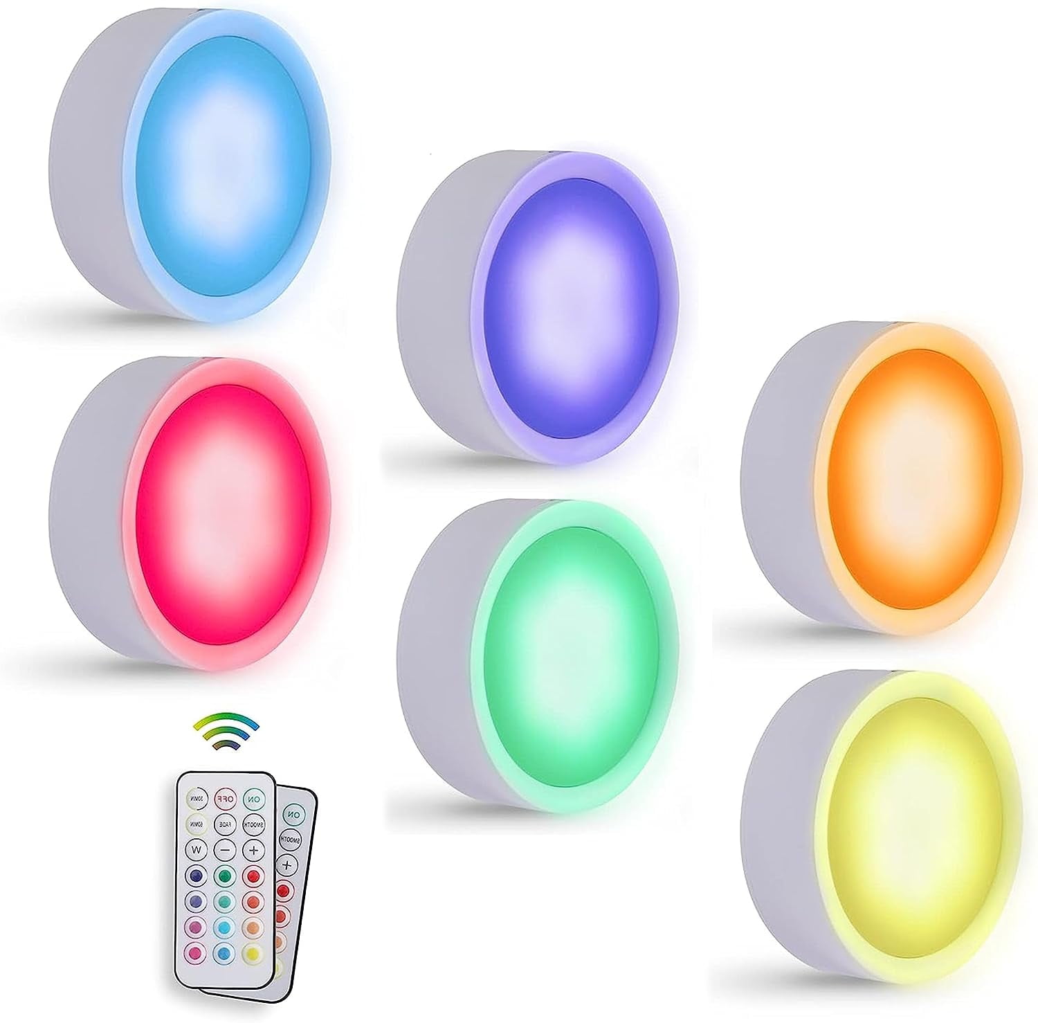 AlltroLite FA7835 Color Changing LED Puck Lights with 2 Remotes (6Pack