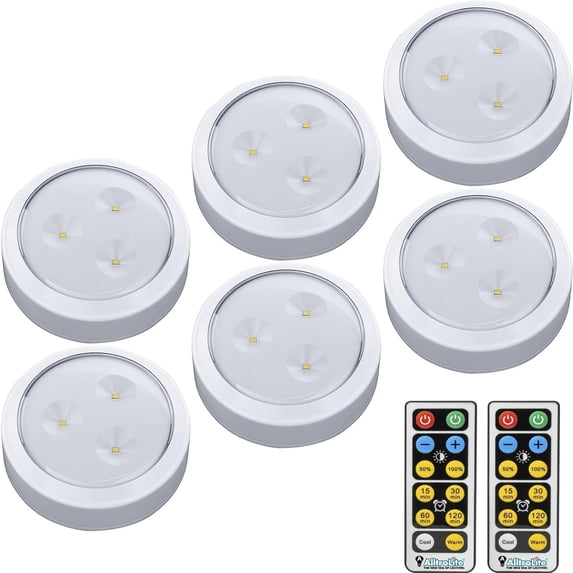 AlltroLite FA9099 LED Puck Lights with 2 Remotes (6 Pack) - Lights for Under Cabinets - Under Counter Lights for Kitchen - Battery-Powered Lights