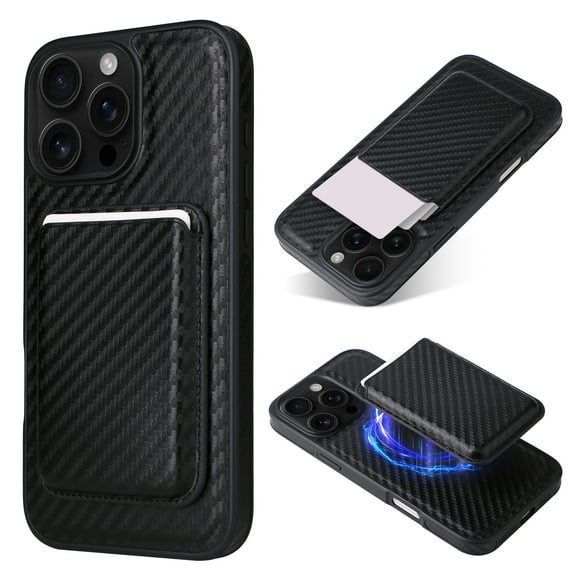 Alltyechgroup Slim Shockproof Phone Case for iPhone 14, 2-in-1 Wallet Case with Detachable Magnetic Card Holder, Compatible with MagSafe & Car Mount Cover, Carbon Fiber