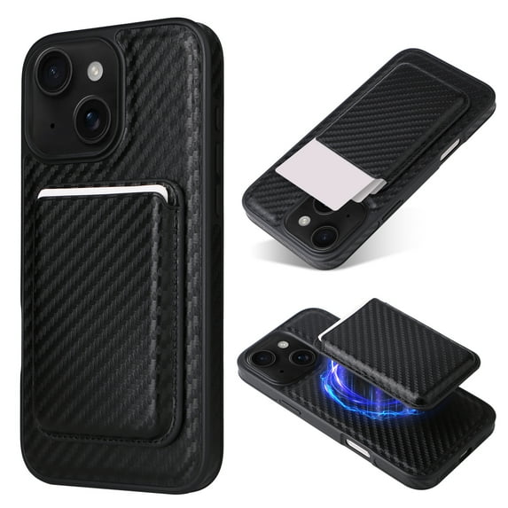 Alltyechgroup Slim Shockproof Phone Case for iPhone 15, 2-in-1 Wallet Case with Detachable Magnetic Card Holder, Compatible with MagSafe & Car Mount Cover, Carbon Fiber