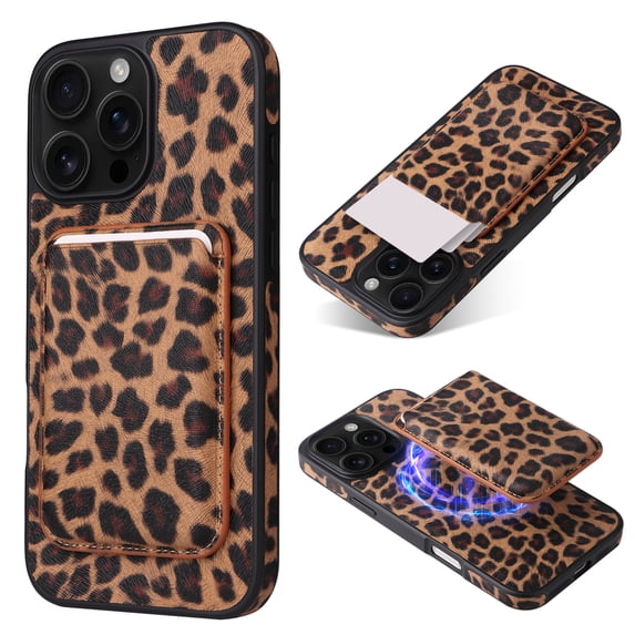 Alltyechgroup Slim Shockproof Phone Case for iPhone 15 Pro Max, 2-in-1 Wallet Case with Detachable Magnetic Card Holder, Compatible with MagSafe & Car Mount Cover, Leopard Print