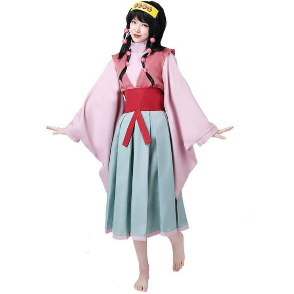 Alluka Style Flowing Sleeve Design Hakama Set Elegant Sleeve Pink & Blue Geometric Pattern Dress
