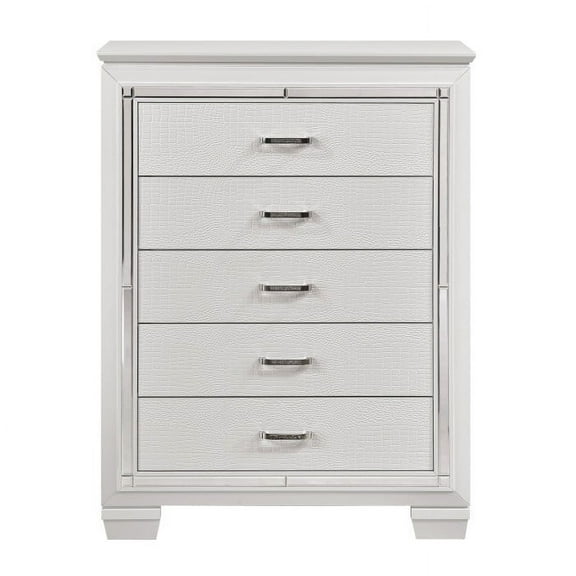 Allura Collection Chest with Beveled Mirror Accent, Alligator Embossing and Crystal-Enhanced Hardware in White Finish